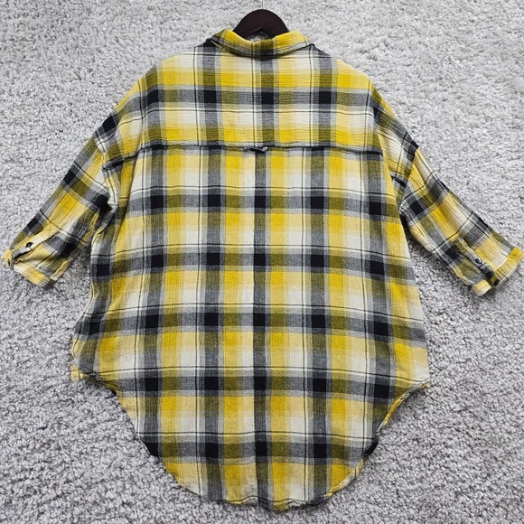 Maeve Shirt Women M/L Yellow Plaid Button Up Embroidered 3/4 Sleeve Flowers Boho - Picture 8 of 14